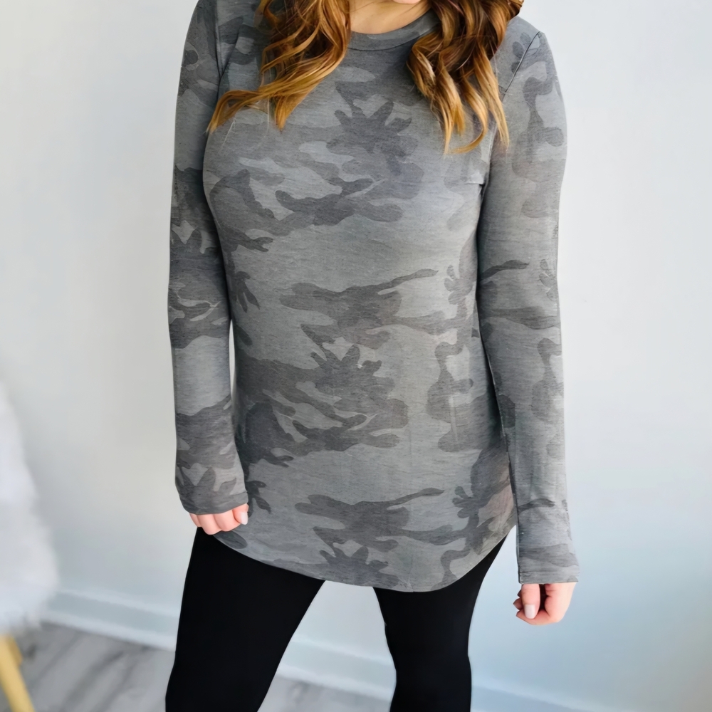 James & Delancy Gray Camouflage Long Sleeve Top